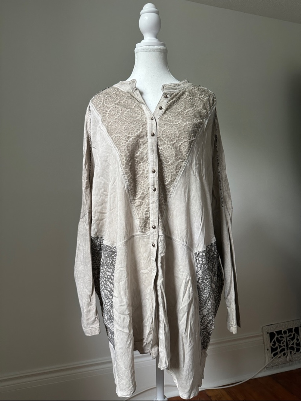 ANGELSNEVERDIE Mixed Print Boho Lagenlook Lightweight Longlined Button Down Sz 4